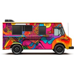 Food truck with a vibrant and eye-catching design featuring fusion food patterns 16:9