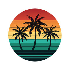 Retro vector illustration of a sunset with palm trees, gradient backdrop