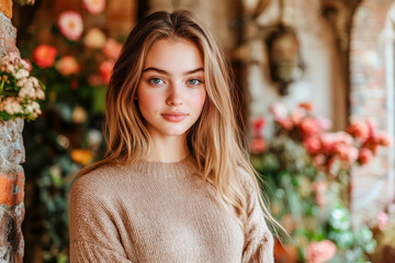 Portrait of Young Woman with Flowers in Outdoor Garden Setting