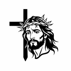 Jesus silhouette. Jesus' face on a cross with a crown of thorns. vector set, Logo, Icon, and T-shirt design. black and white Vector illustration