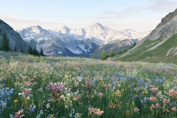 Fototapeta premium Colorful alpine wildflowers in full bloom spread across a meadow, with snow-capped mountains in the background.
