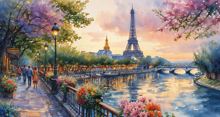 Digital painting of Eiffel tower in Paris, France. Spring season.