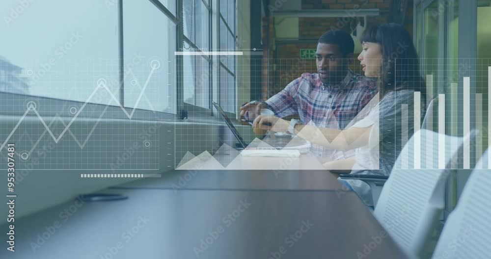 Poster analyzing data charts animation over diverse colleagues working on laptop by window