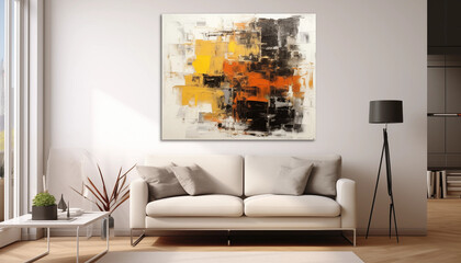 Abstract Painting in Yellow Orange Black and Grey on White Wall