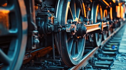 A close-up of a train wheel and tracks, with the detailed mechanisms visible, and a sense of motion as the train slowly starts to move.