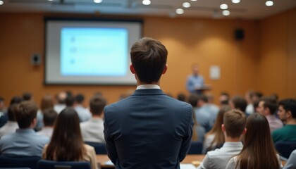 Conference Workshop Presentation - Engaged Audience Listening to Male Speaker in Academic Seminar Hall or Event Hall