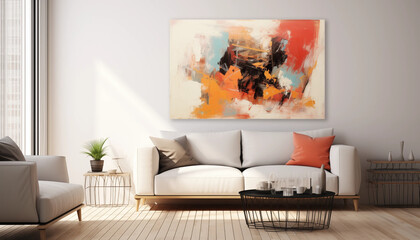 Abstract Painting on White Wall in Living Room Interior