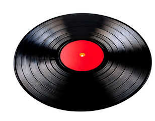 a red sticker on a vinyl record in the center,