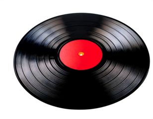 a red sticker on a vinyl record in the center,