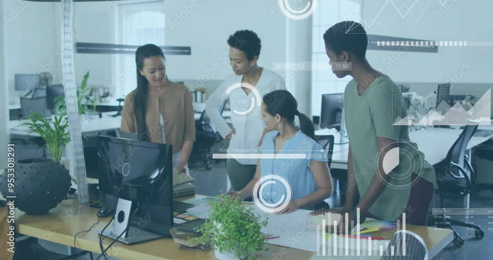 Poster business data analytics animation over diverse team collaborating in modern office