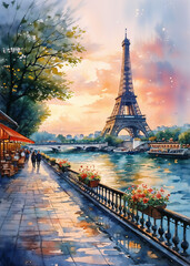 Paris, France. Eiffel Tower at sunset. Watercolor painting.