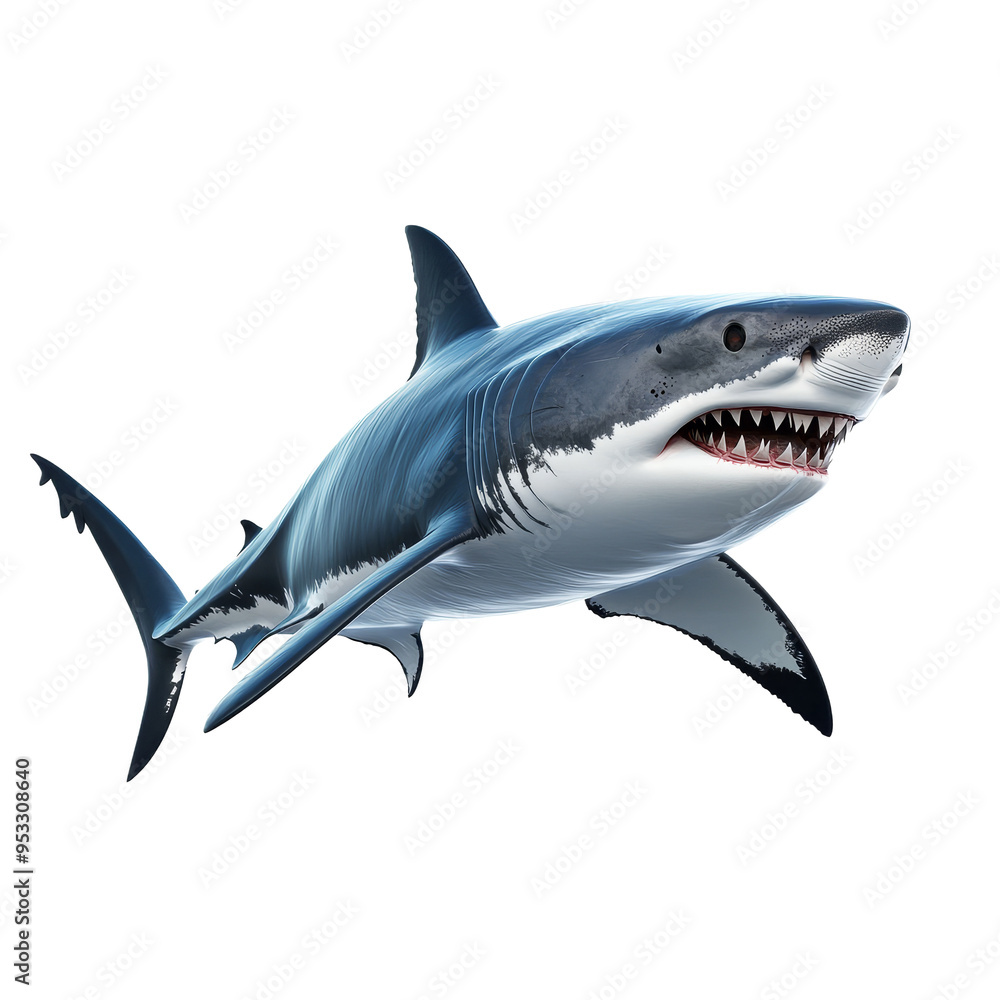 Poster a striking shark with a fierce expression gliding through water, demonstrating its powerful build an