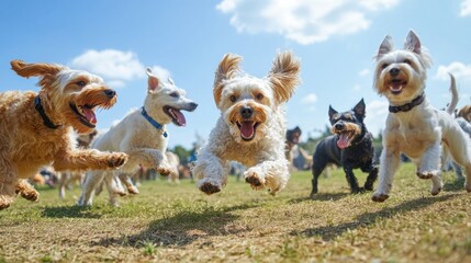 A group of dogs of various breeds playing together at a dog park, running, jumping, and interacting joyfully under a bright blue sky.
