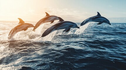 Fototapeta premium A group of dolphins leaping out of the ocean, captured mid-air with splashes of water around them, under a clear, sunny sky.