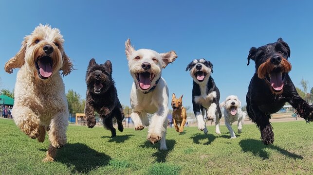 A group of dogs of various breeds playing together at a dog park, running, jumping, and interacting joyfully under a bright blue sky.