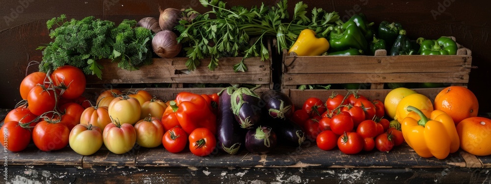 Poster fresh vegetables in rustic crates on a wooden surface