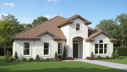 Elegant Two-Story House with Stone Cladding and Manicured Lawn - Perfect for Real Estate and Architectural Photography