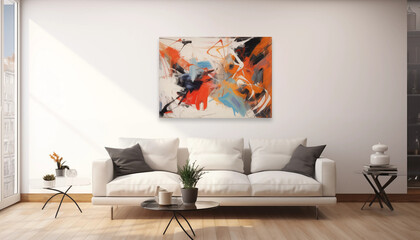 Abstract Painting on White Wall in Living Room Interior