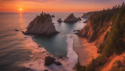 A tranquil coastal scene during the golden hour of sunset. The rocky coastline is bathed in warm ora