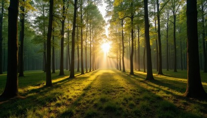 Obraz premium Sunlit Forest with Light Streaming Through Trees - Perfect for Nature and Landscape Photography