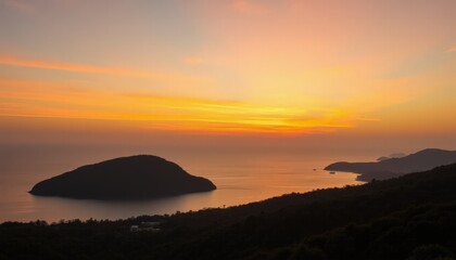 Scenic Coastal Sunset with Silhouetted Hills and Islands - Perfect for Nature and Landscape Photography