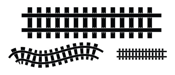 Rail line icon set. Railway train track of curved railroad isolated on white background. Straight and curved railway train track icon set. Vector illustration.Eps 10