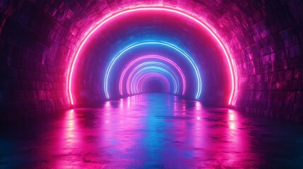 Futuristic tunnel illuminated by vibrant neon lights, reflecting vividly on the wet surface for a cyberspace vibe.