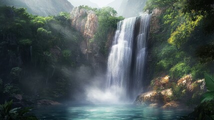 Naklejka premium A majestic waterfall cascading down a rocky cliff into a crystal-clear pool below, surrounded by lush green foliage and mist rising from the water.