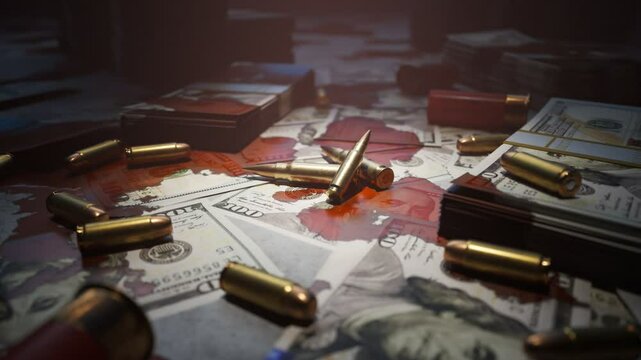 Few Bullets Lying On The Table Filled With Dollar Bills Stained With Blood Few Carabine Bullets Lying On The Mafia Table Covered With Countless Dollar Bills Blood Stains On The Money And Bloody Mist I
