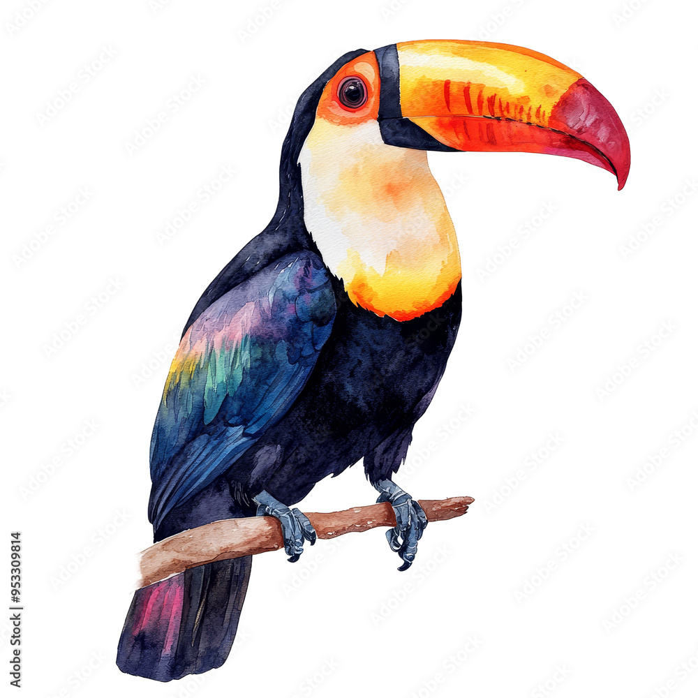 Poster a colorful toucan rests on a branch, displaying its vivid feathers in a beautiful watercolor style, 