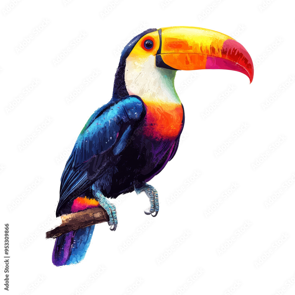 Poster a stunning toucan rests on a branch, displayed in a colorful watercolor style with artistic splashes