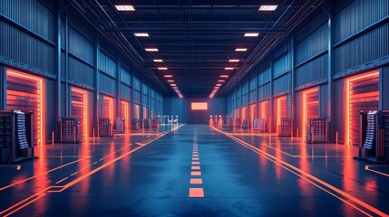 A futuristic warehouse where big data and predictive algorithms drive fulfillment processes, optimizing distribution and enhancing tracking capabilities