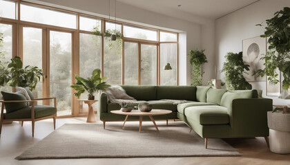 Fototapeta premium A warm, inviting Scandinavian-style living room with large floor-to-ceiling windows that let