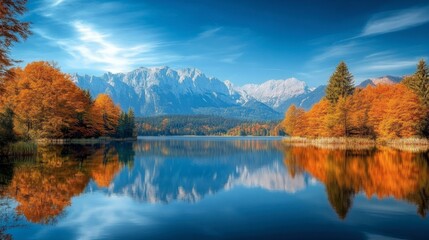 Fototapeta premium A peaceful autumn scene with mountains in the background, trees in vibrant fall colors, and a calm lake reflecting the golden foliage and the blue sky.