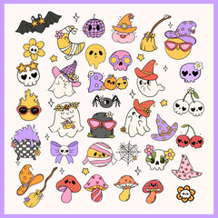 Groovy Retro Halloween Doodle Cartoon Element Clipart Set for Spooky Fun