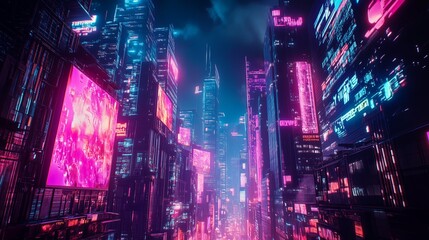 Vivid futuristic city with neon-lit skyscrapers and glowing billboards under a nighttime sky, showcasing a cyberpunk aesthetic.