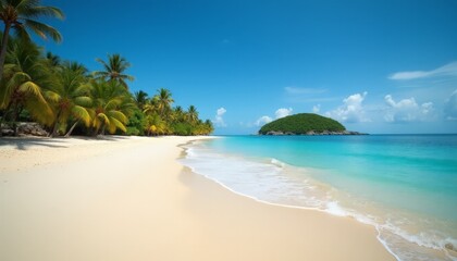 Fototapeta premium Serene Tropical Beach: Clear Turquoise Waters, Sandy Shore, and Lush Palm Trees