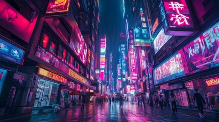 Obraz premium A bustling city street at night illuminated by vibrant neon signs and digital billboards in a futuristic setting.