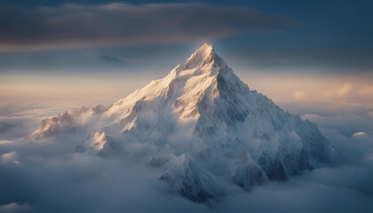 An awe-inspiring aerial view of a majestic mountain peak rising above the clouds. The sky is a clear