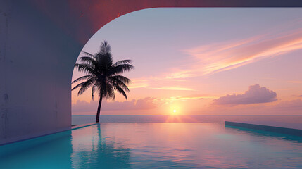 
Minimalist composition of an arched window with a view to the sea and palm tree, sunset, blue tones, swimming pool, light grey background