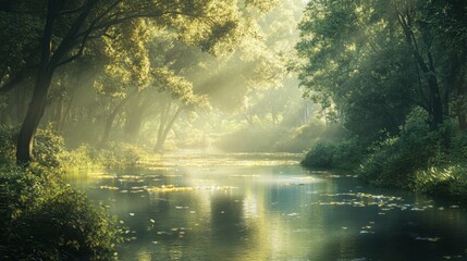 Fototapeta premium A serene river winding through a dense forest, with sunlight filtering through the trees and sparkling on the water's surface, creating a peaceful, idyllic scene.