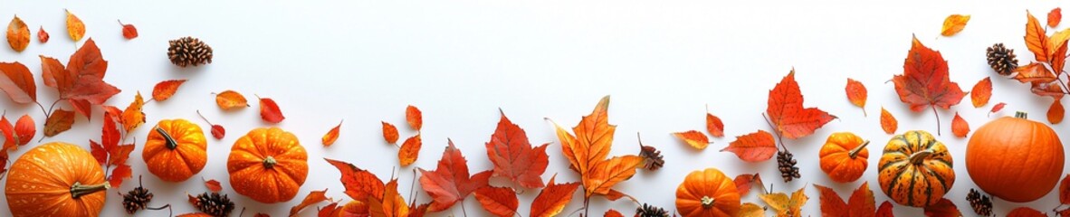 Fototapeta premium A vibrant Halloween-themed image featuring autumn leaves, pumpkins, and gourds on a white background, perfect for seasonal decorations or event promotions, with copy space.