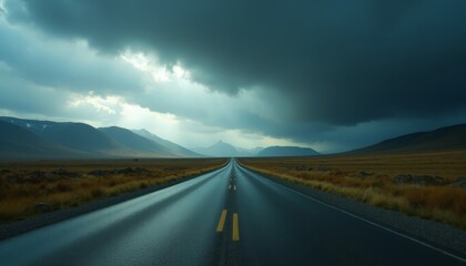 Dramatic Stormy Road: Dark Clouds and Rain Over a Lonely Highway