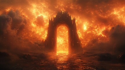 A dramatic, fiery gateway symbolizing Halloween's spooky themes, perfect for horror-themed events or Halloween promotions, with copy space.