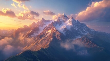 A sunrise view over a misty mountain range with the warm light casting long shadows and highlighting the rugged terrain. Snow-capped peaks stand tall against the sky.