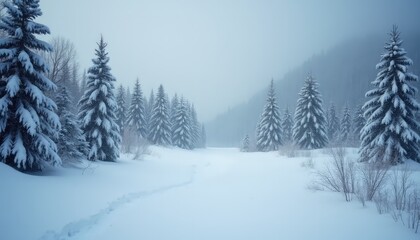 Winter Wonderland: Snow-Covered Trees and Path at Sunrise - Serene Nature Landscape for Holiday and Seasonal Themes