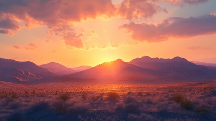 Obraz premium A sunset over a desert mountain range, with the sky ablaze in shades of orange and pink, and the mountains casting long shadows across the arid landscape.