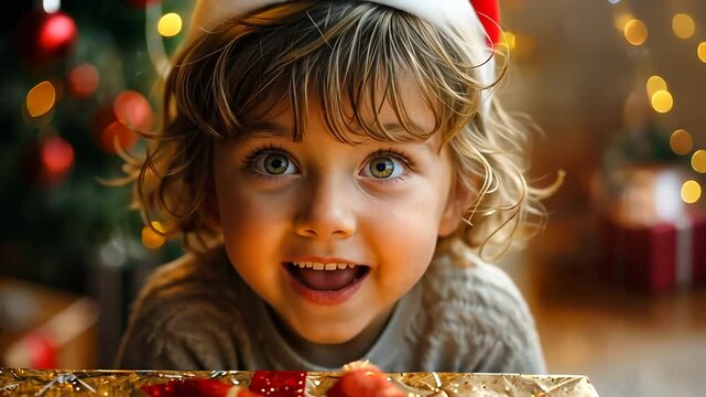 A young boy with bright eyes and an excited expression in a festive setting

