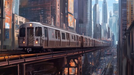 A train traveling through an urban landscape, with skyscrapers towering overhead and the tracks elevated above a bustling city street.