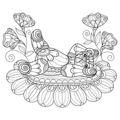 Teddy bear sleeping on a flower hand drawn for adult coloring book